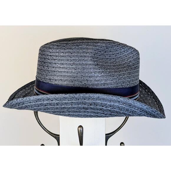 Vintage Haband Gray Straw Fedora Hat Blue Striped Hatband Made in USA Medium 22" - Picture 4 of 10